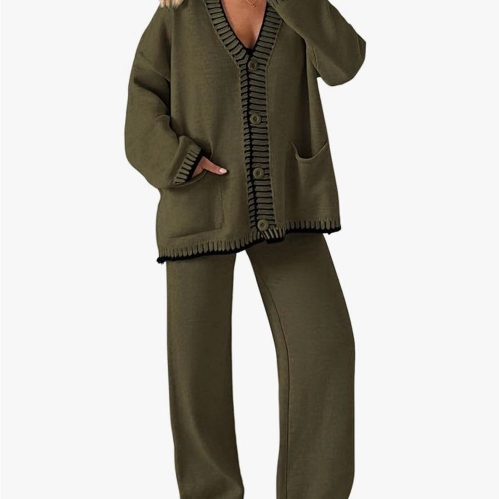 Khaki Green Knit Cardigan and Pants Set